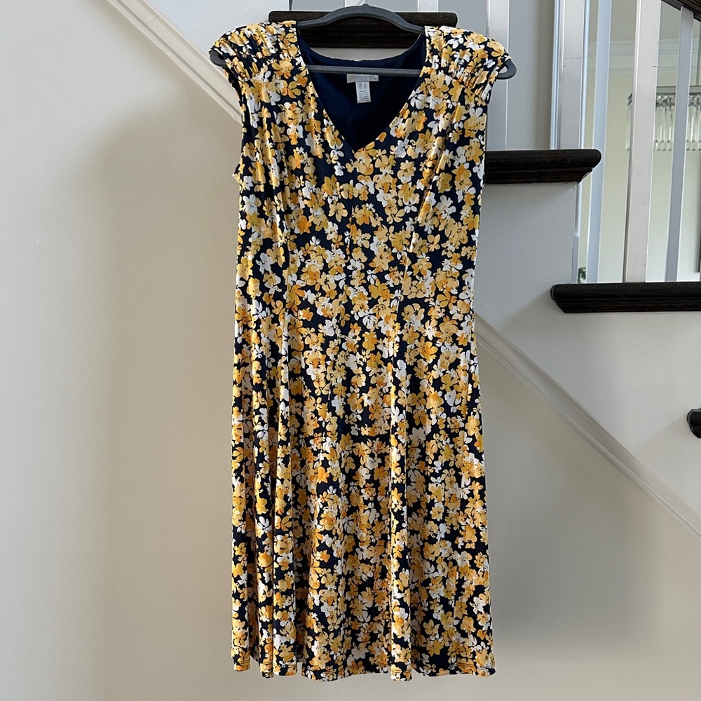 London Times Navy and Yellow Floral Midi Dress